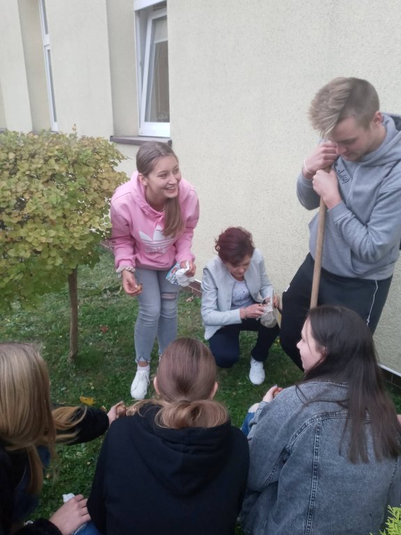 Wolontariusze ze szkolnego klubu wolontariatu podczas sadzenia żonkili przed szkołą.